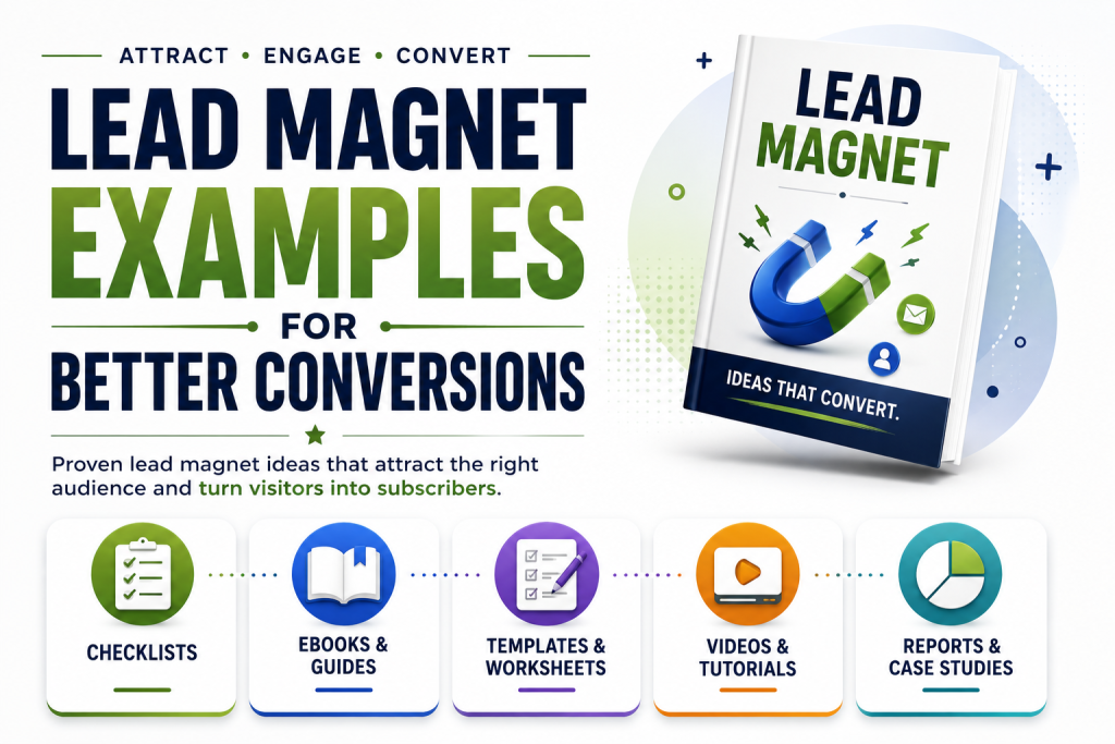 Hero image titled “Lead Magnet Examples for Better Conversions” showing a lead magnet book and format cards for checklists, ebooks, guides, templates, worksheets, videos, tutorials, reports, and case studies.