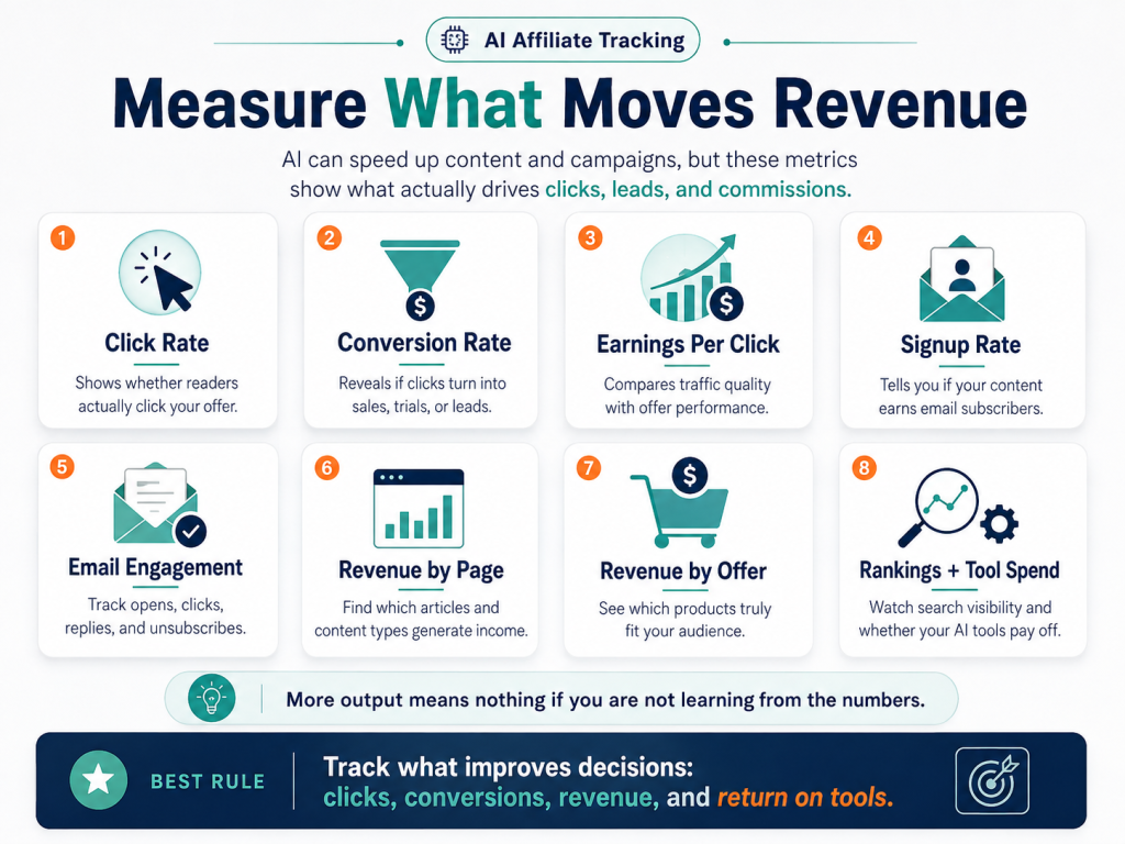 Infographic titled “Measure What Moves Revenue” showing eight AI affiliate tracking metrics, including click rate, conversion rate, earnings per click, signup rate, email engagement, revenue by page, revenue by offer, and rankings plus tool spend.