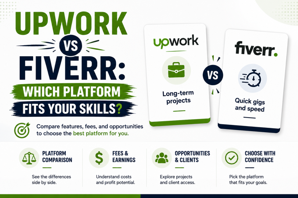 Hero image titled “Upwork vs Fiverr: Which Platform Fits Your Skills?” showing Upwork and Fiverr comparison cards, with Upwork labeled for long-term projects and Fiverr labeled for quick gigs and speed, plus icons for platform comparison, fees and earnings, opportunities and clients, and choosing with confidence.
