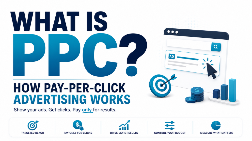 Hero image titled “What Is PPC? How Pay-Per-Click Advertising Works” showing a search ad, click cursor, target, coins, and analytics chart with key points for targeted reach, paying only for clicks, budget control, and measuring results.