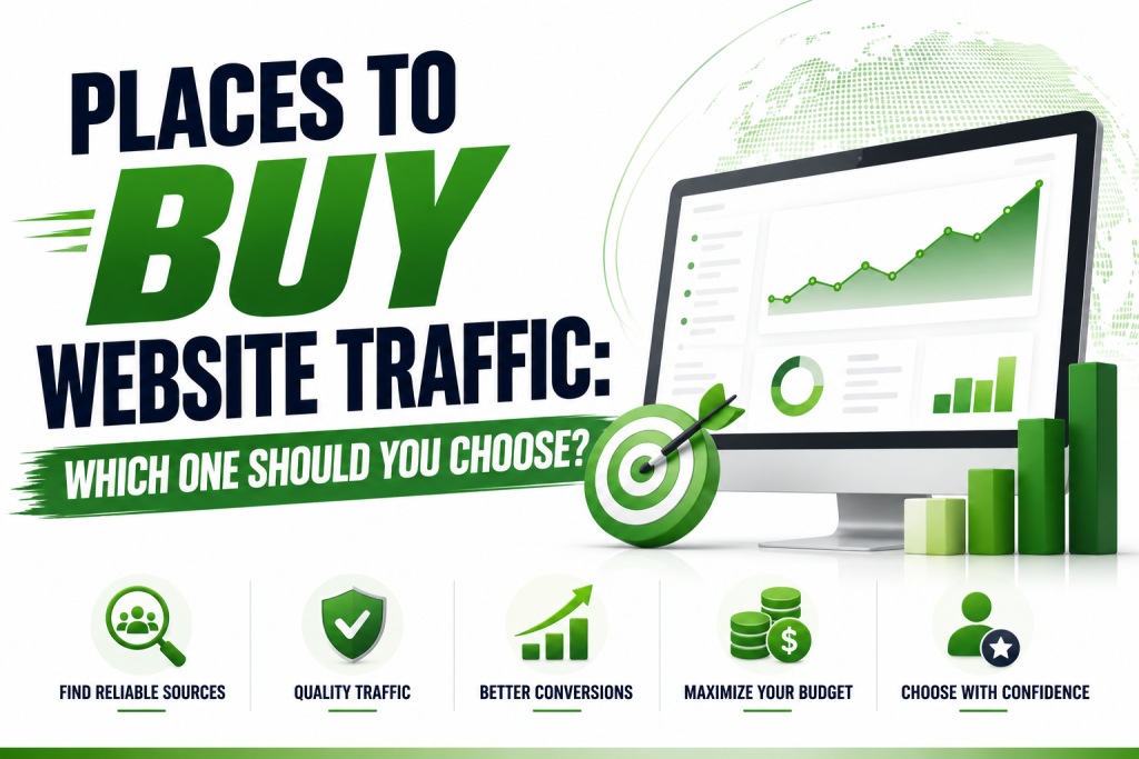 Hero image titled “Places to Buy Website Traffic: Which One Should You Choose?” showing analytics, a target, and growth bars with key points for reliable sources, quality traffic, better conversions, budget use, and choosing with confidence.