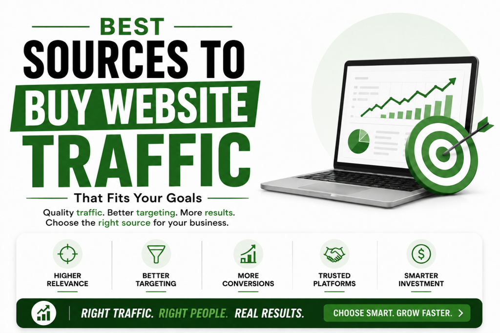 Hero image titled “Best Sources to Buy Website Traffic That Fits Your Goals” showing a laptop with analytics, a target icon, and key points for higher relevance, better targeting, more conversions, trusted platforms, and smarter investment.