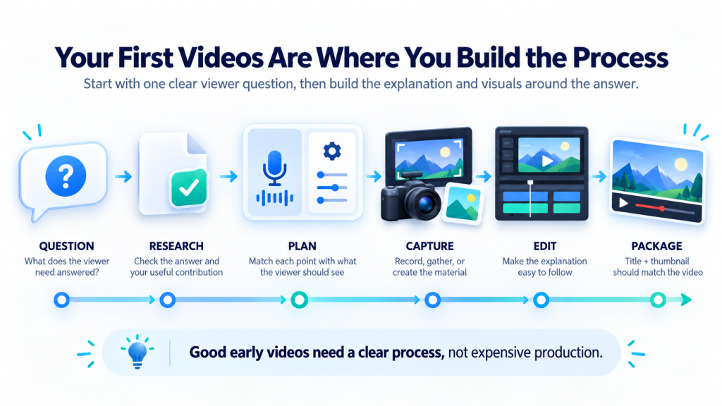 Infographic titled “Your First Videos Are Where You Build the Process” showing a step-by-step video creation workflow: question, research, plan, capture, edit, and package, with a reminder that good early videos need a clear process, not expensive production.