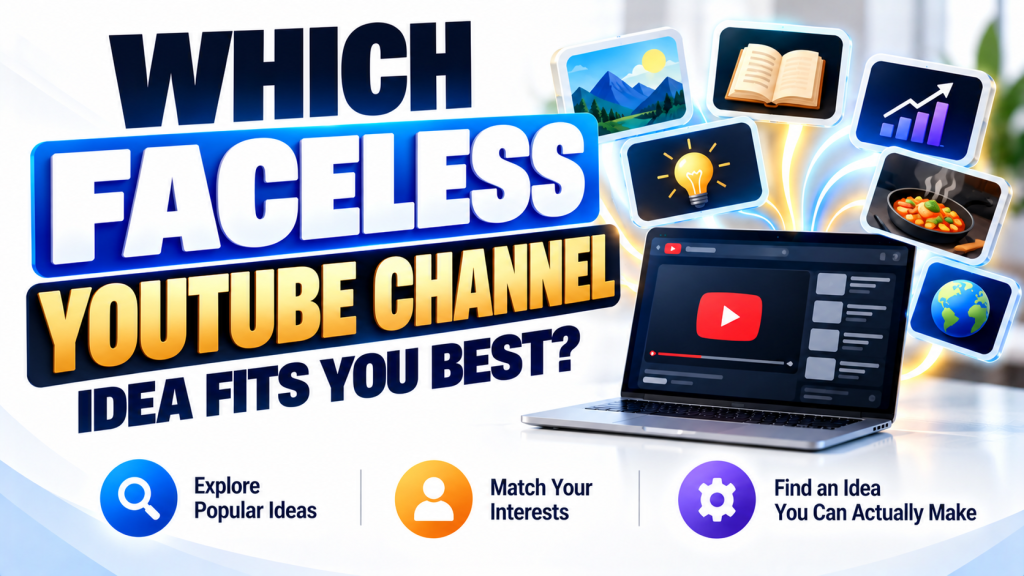 Hero image titled “Which Faceless YouTube Channel Idea Fits You Best?” showing a laptop with a video interface surrounded by content idea cards for travel, education, business, ideas, food, and global topics, with icons for exploring ideas, matching interests, and finding a realistic channel concept.