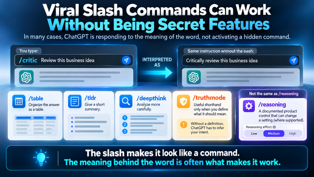 Infographic titled “Viral Slash Commands Can Work Without Being Secret Features” showing how ChatGPT may interpret slash prompts like /critic, /table, /tldr, /deepthink, and /truthmode as instructions rather than hidden commands, with a note that /reasoning is a separate product control where supported.






     

Do you like this personality?