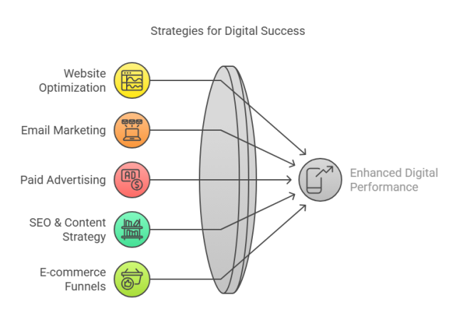 Infographic showcasing five digital success strategies: website optimization, email marketing, paid advertising, SEO & content strategy, and e-commerce funnels leading to enhanced digital performance.