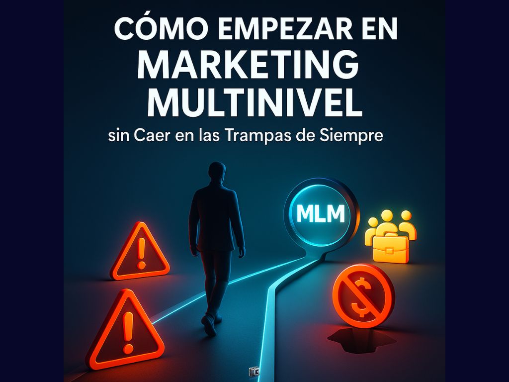 Imagen de un camino hacia el marketing multinivel con señales de advertencia y la palabra “MLM”, representando cómo empezar sin caer en trampas comunes.